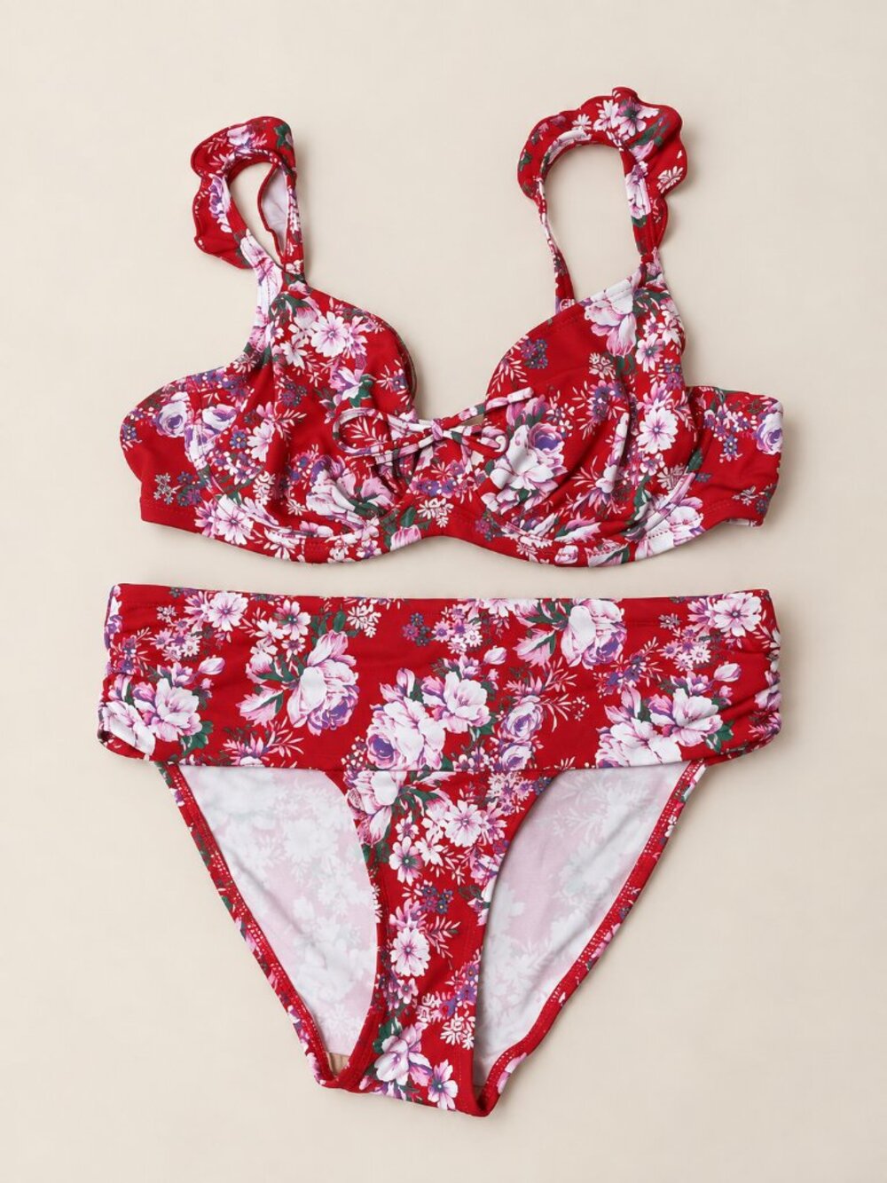 Pour Moi Red Floral Underwire Bikini Set UK 14 Ruffle Straps